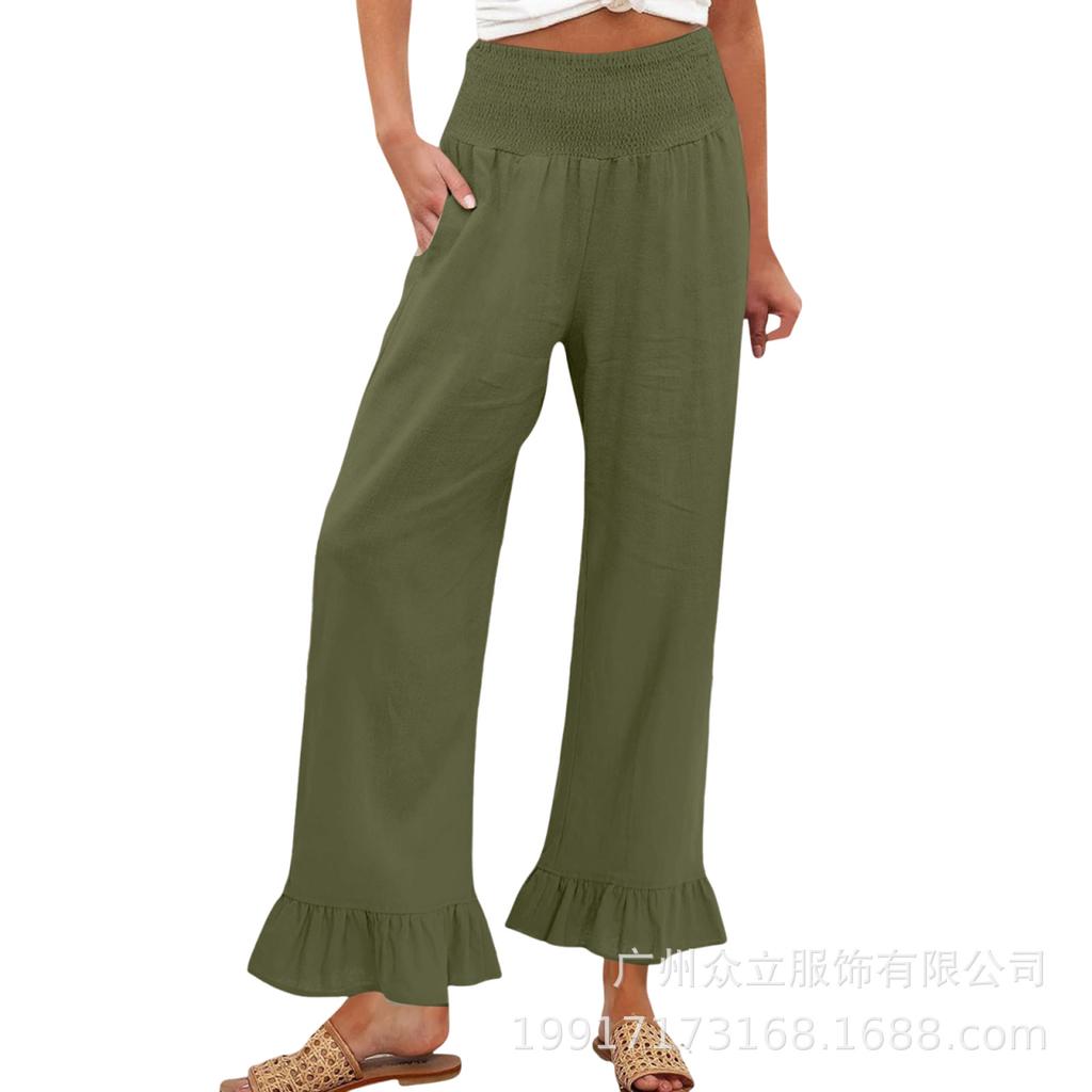 Pantaloni Casual da Donna in Misto Cotone e Lino, Vestibilità Larga con Orlo Arricciato, per le Vacanze Estive
