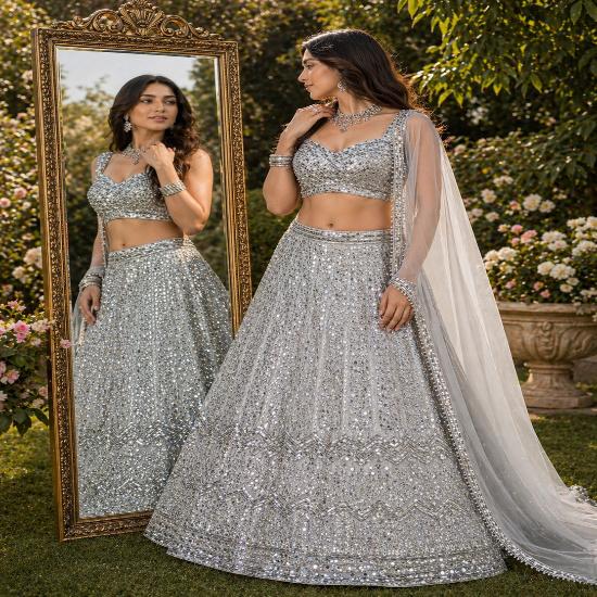Shimmering Silver Sequin Lehenga Set FREE SIZE