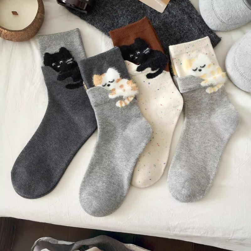 1/4 Paar Lustige Niedliche Katzen Druck Mittellange Socken Cartoon Haus Bodensocken Für Damen Herren Winter Warm Baumwolle Weiche Socke Geschenke für Freunde
