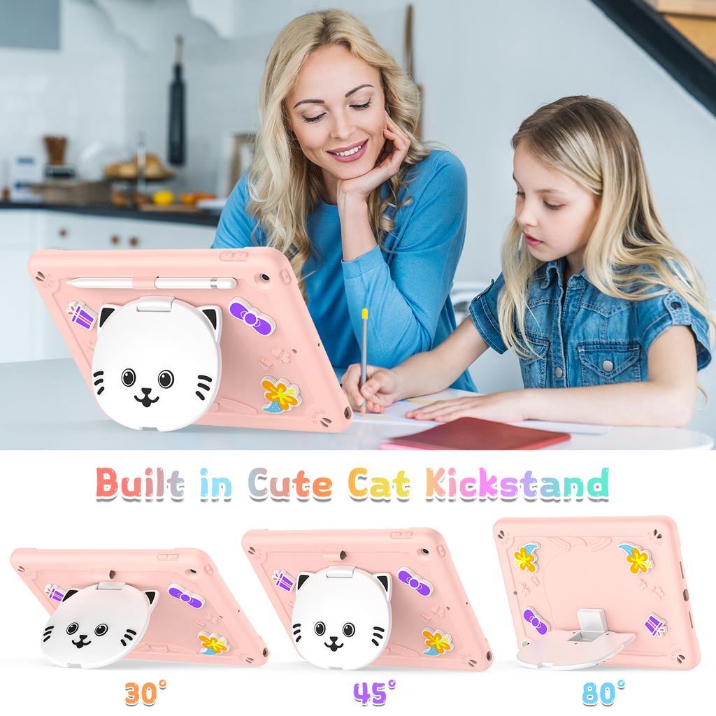 For iPad 10.2 (2021)/(2020)/(2019) Case PC + Silicone Tablet Cover with Cat Kickstand/Shoulder Strap