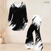 Women Plus Size Two Piece Set V Neck Long Sleeve Black White Printed Flared Top Flared Pants