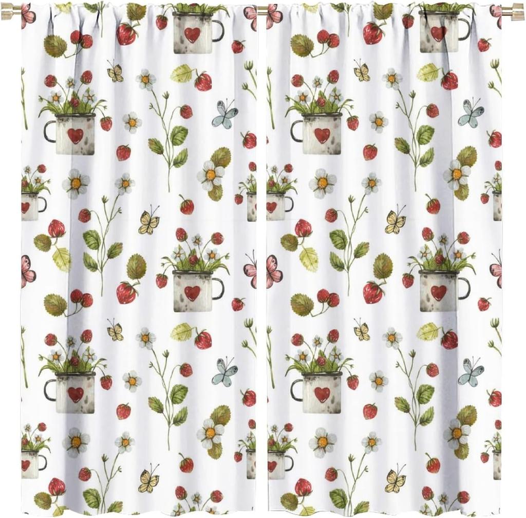 Boho Strawberries Curtains Cute Pink Bohemia Fruit Rod Pocket Blackout Window Treatment for Kitchen Living Room Girls Woman Room