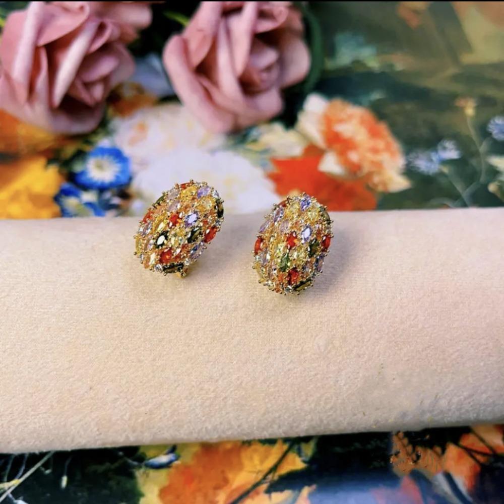 Oval Shape Colorful Zircon Earring Copper Gilding Ear Drop Simple Ear Jewelry  Women