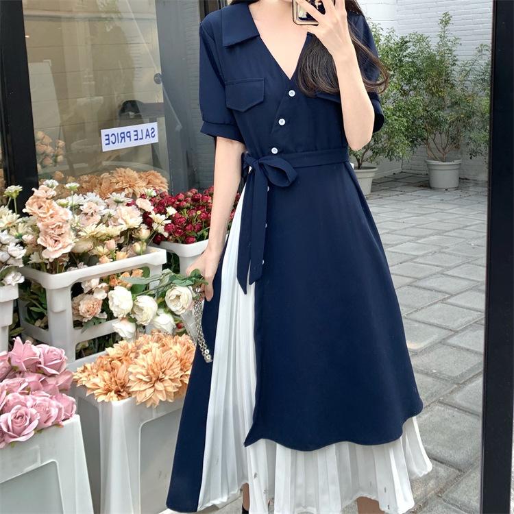 Women's Summer Fake Two Pieces Shirt Dresses Casual Korean Chiffon Mesh Patchwork Dress Elegant Sweet Midi Dresses