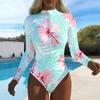 Women Long Sleeve One Piece Swimsuit Zip Front Tropical Plants Print Rash Guard Surfing Bathing Suit