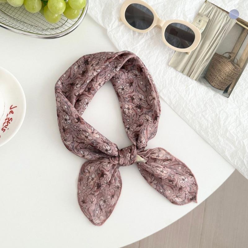 Silk scarf new fashion neck protection small shawl retro literary scarf double-sided floral headscarf headband cotton and linen square scarf
