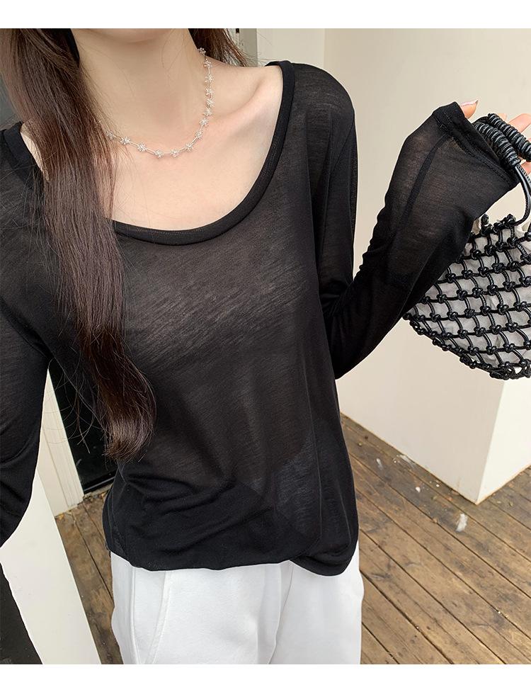 

Свободный и ленивый стиль, тонкая блузка с длинными рукавами из ледяного шелка, солнцезащитная футболка для женщин, начало осени, новый, приятный для кожи, темперамент, внутренний топ XL