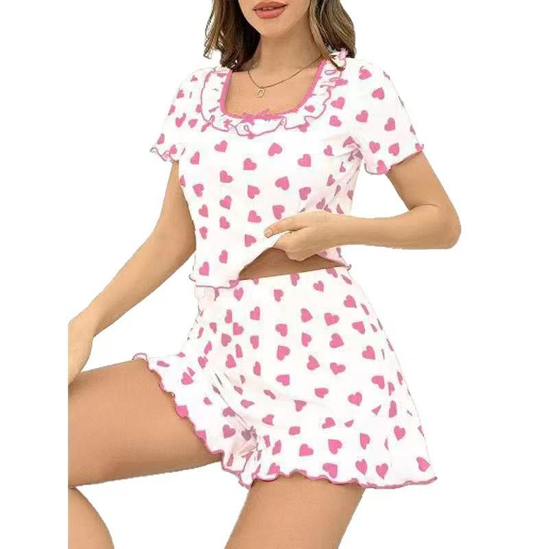 Heart Print Frill Edge Pajama Set: Summer Women's Square Neck Short Sleeve & Shorts