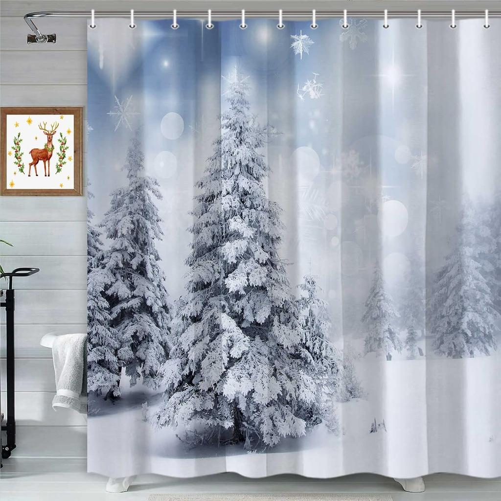 Winter Forest Christmas Shower Curtain with Snowflake Tree Pattern, Waterproof Holiday Bathroom Decor Set Includes  Hooks
