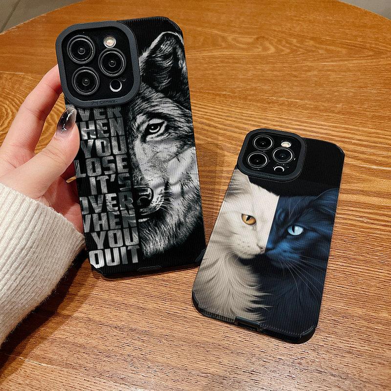 Handyhülle aus Leder mit vertikaler Maserung, Wolfskatze-Druck, weiches Silikon, Rückseite, mit vollem Kameraschutz für Samsung