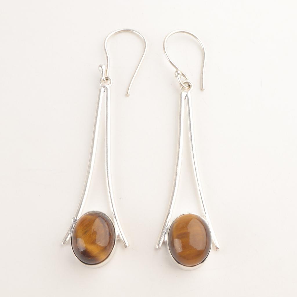 Yellow Star Tiger Eye Stone Sterling Silver Dangle Sisters Gift Earrings Jewelry EE-136-31