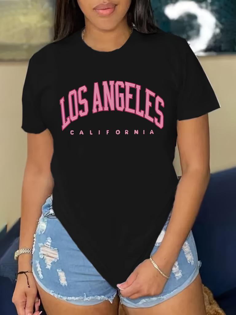 Trendy Los Angeles Letter Print Tshirt Short Sleeve Crew Neck Unisexs Top Breathable For Stylish Summer Aesthetic Clothes