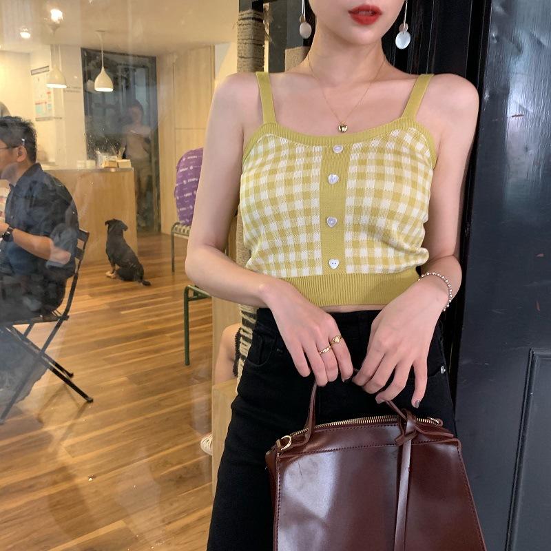 Internet Celebrity Beauty Back Short Plaid Knit Halter Vest Female Summer with A Bottom Crop Top To Wear Outside