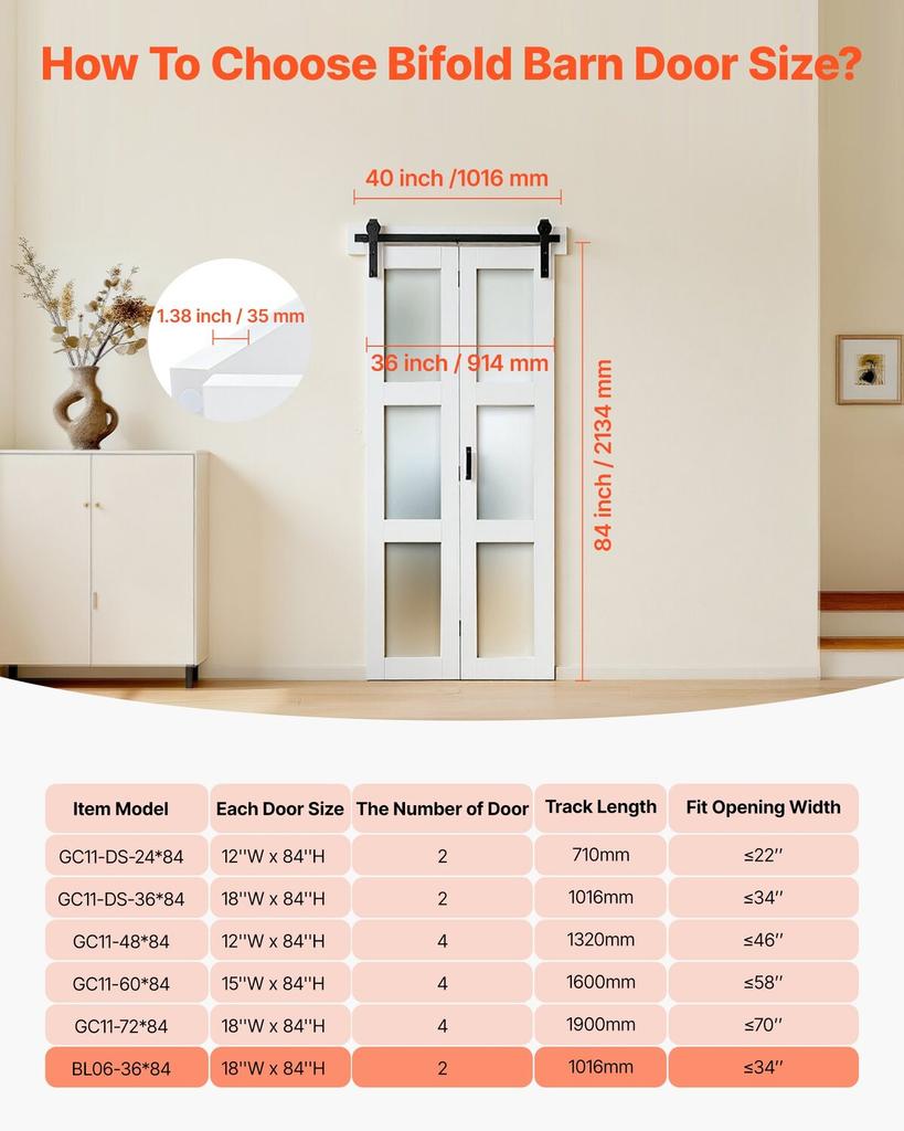 Puerta de Granero Plegable Doble, 914 x 2134 mm, MDF con Vidrio Templado Puertas Correderas Plegables Dobles para Armario, Kit de Herrajes Incluido, Diseño Ahorrador de Espacio, Pre-ensamblado