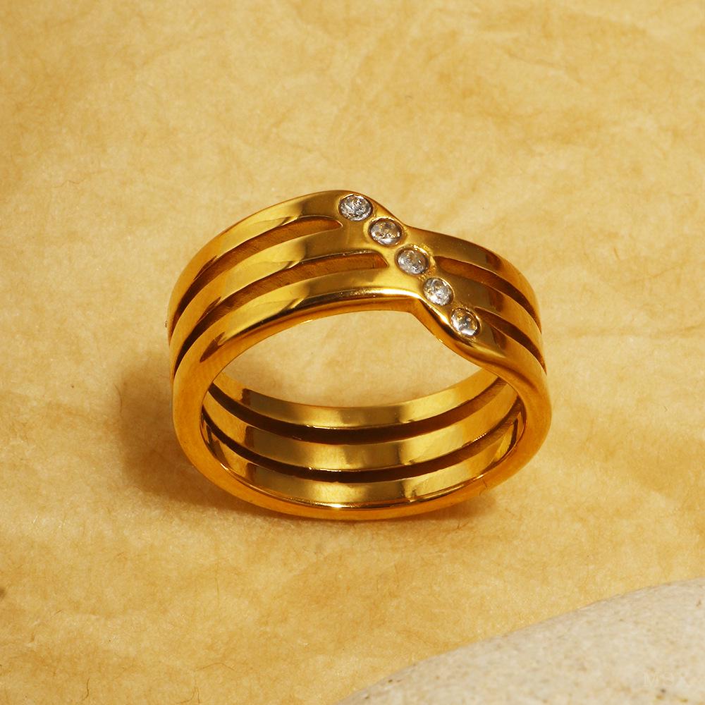 18K Gold Plated Rhinestone Ring with Geometric Triple Bars - Korean Style Stainless Steel