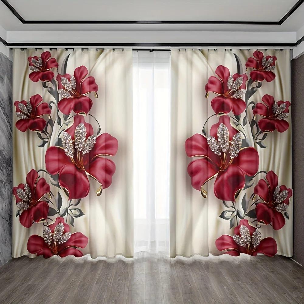 2pcs Luxury Swan Red Golden Flower Pattern Printed Curtain Home Decor Rod Pocket Curtain For Bedroom Living Room Home Decor
