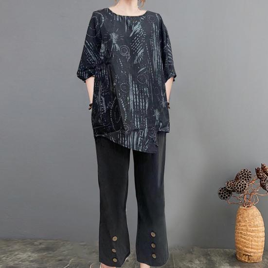 

2 шт./компл. женские топы и брюки комплект с круглым вырезом и пуговицами из мягкой ткани, дышащий материал, плиссированные, свободные с половиной рукава