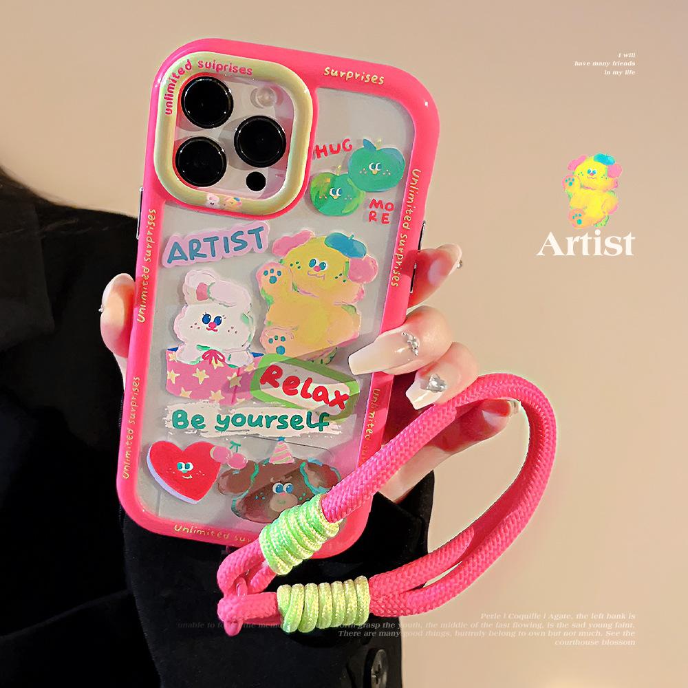 Applicable To 16 Mobile Phone Case Apple 14 ProMax Oil Painting Cute Graffiti IPhone 15 Bracelet 13 Acrylic Magnetic Suction