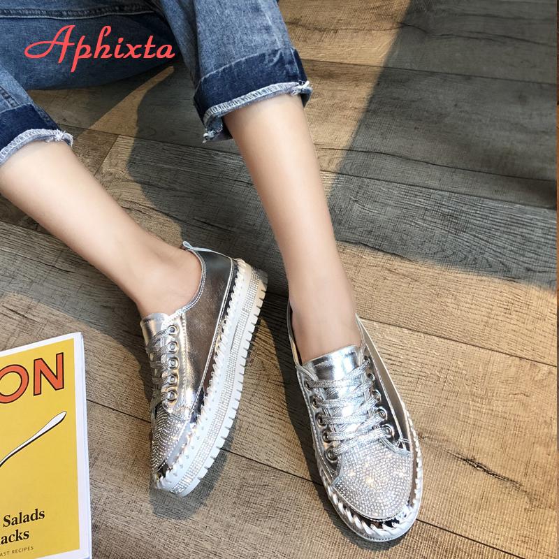 Fashion Aphixta Loafers Shoes Women Luxury Silver Crystal Lace-up Platform Shoes Woman Sequined Cloth Bling Crysta Black Flat Heels Shoe