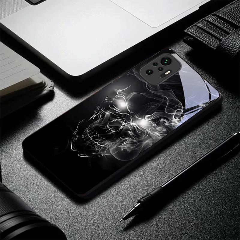 Neon Smoke Skull Art Black Glass Phone Case For Redmi Note 13 Pro+ 14 Pro 8 9 9S 12S 10 Pro 11 12 A3 12S 13 K60 Ultra 14 Cover