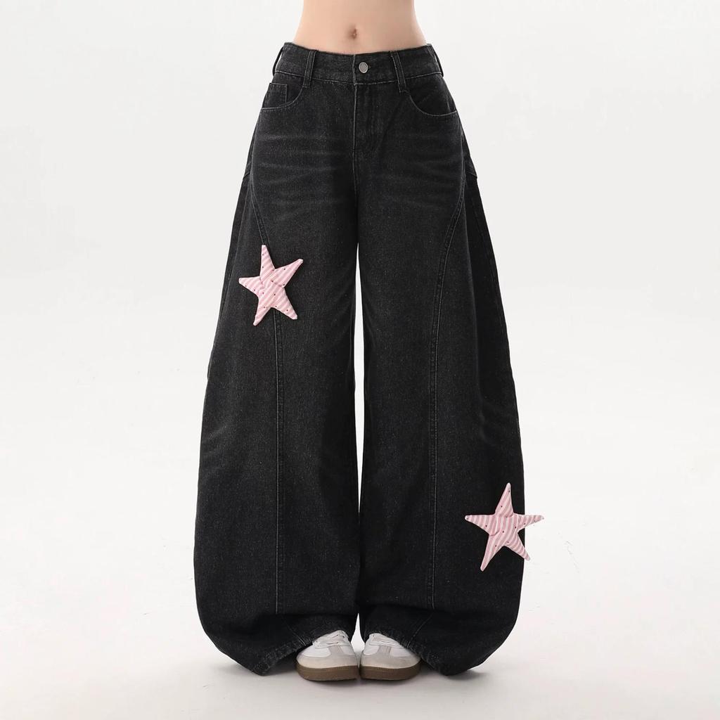 Women's Wide-Leg 3D Star Jeans – Loose, Floor-Length for Spring 2026