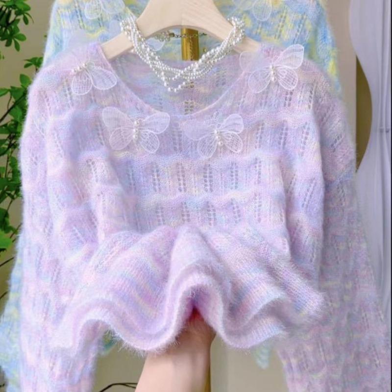 Spring and Autumn New Loose Gradual Change Rainbow Female Butterfly Sweet Gentle Wind Hollow Sweater Pullover Knitted Sweater Female