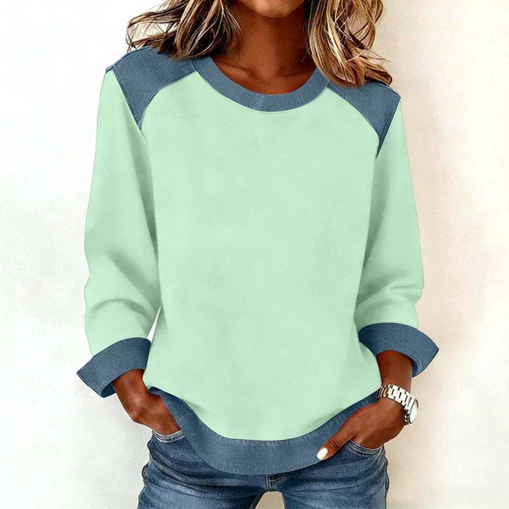 Damen Jeanskragen Patchwork Nähte Sweatshirt Lässig Pullover Langarmshirts