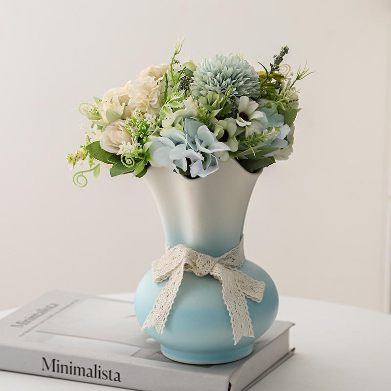 Chinese style Ceramic Gradient Color Wide Mouth Vase, Home Dining Table Living Room Bedroom Office Accessories, Flower Ware, 1Pc