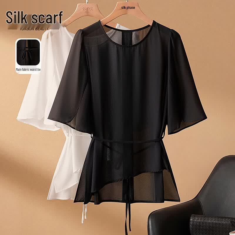 Women s Round Neck Half-Sleeve Irregular Hem Blouse XL чёрный