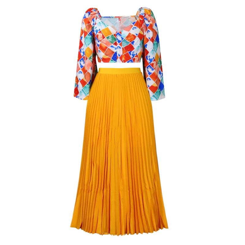 Women V Neck Printed Top Pleated Long Skirt Two Piece Casual Clothing Set