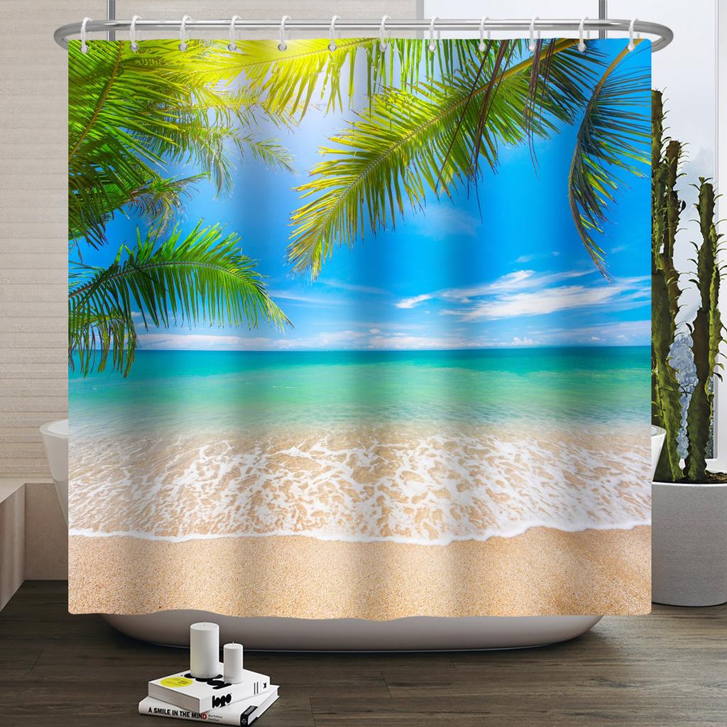 Coastal Beach Shower Curtain Ocean Wave Seaside Landscape Print Waterproof Bath Curtain For Bathroom Decor Polyester With Hooks