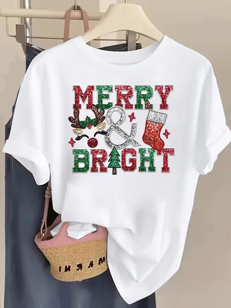 (Asian Size) watercolor trend Tee Top Christmas Festival New Year Clothing T Shirt Women Fashion Print Female Woman Short Sleeve Graphic T-shirts