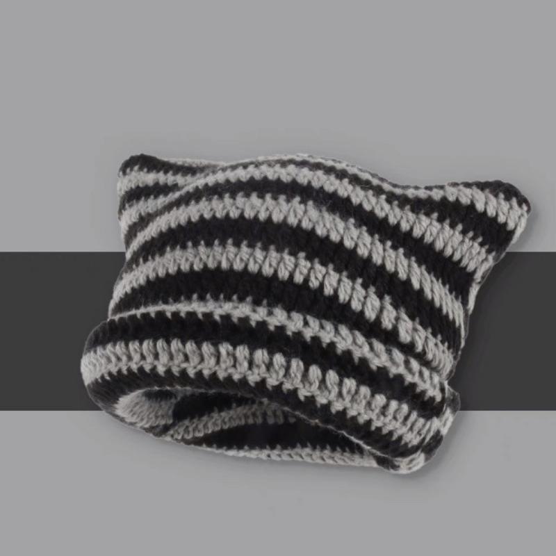 Autumn Winter Woolen Hat Japanese Devil Handmade Stripe Hat Female Cat Ear Warm Knit Pullover Hat Winter