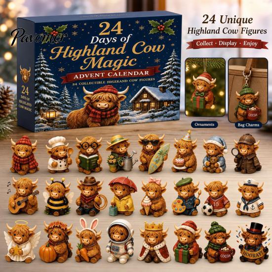 Highland Cow Advent Calendar Calendar, 24 Unique Acrylic Ornaments, Decorative Cute Animal Hanging Charms 2D Flat for Christmas Tree Decoration