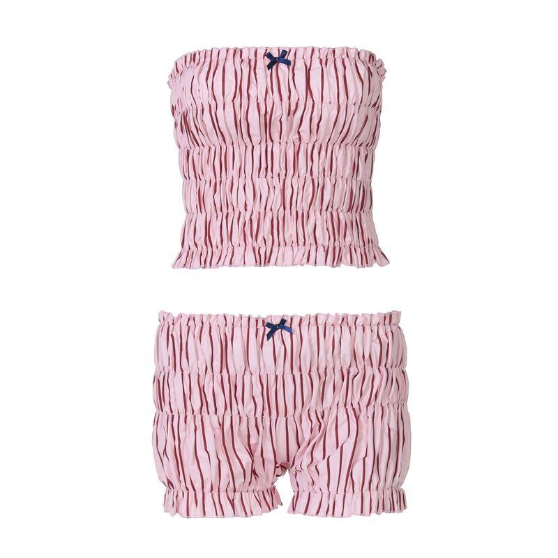 

Shemoda Sweet Pink Ruched Silm Fashion Suit off-Shoulder Collar Decorative Flower Tube Top Tops Shorts Two-piece Set Pink L