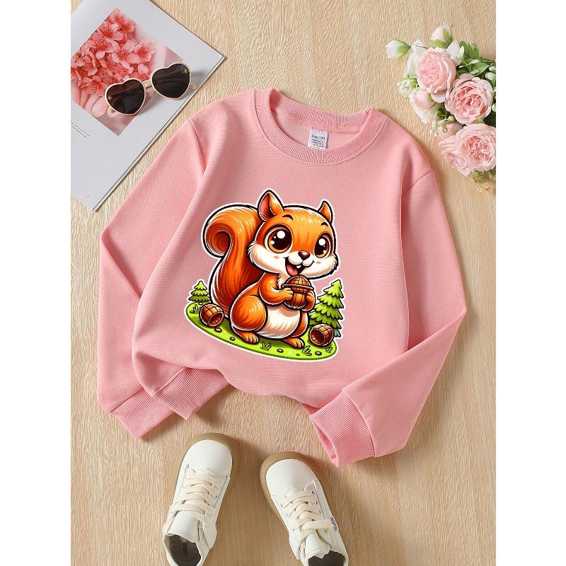 European Sizes Girls' Soft Crewneck Sweatshirt, Cute Squirrel Holding Acorn Cartoon Print with Creative Design, Casual All-Match, Ideal Gift