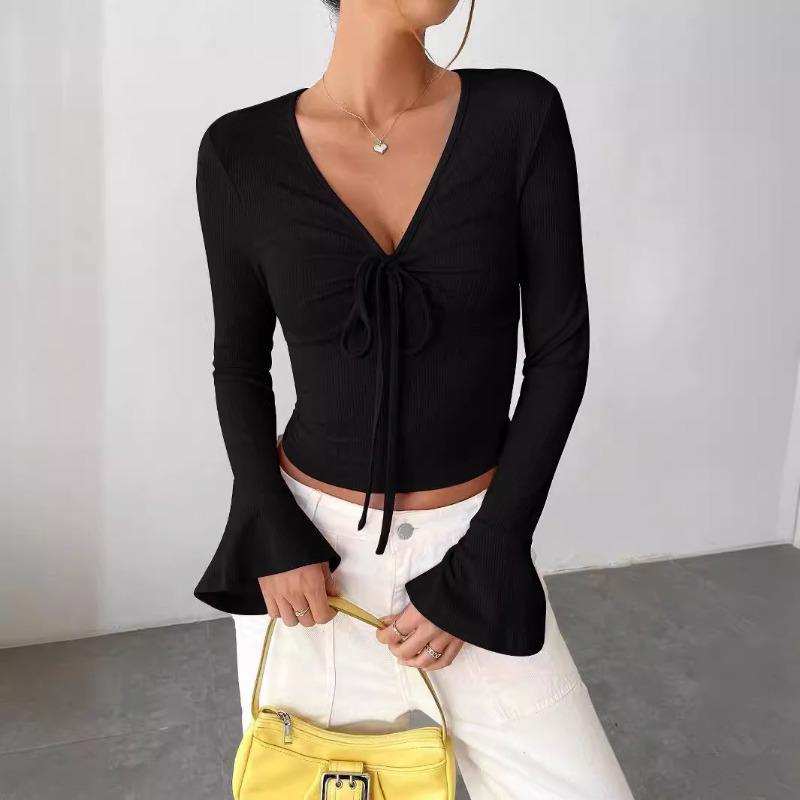 Women's Fall/winter Urban Bell Sleeves V-neck Buckle