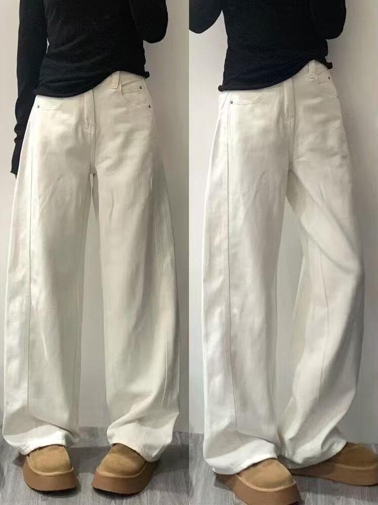 Women's Retro Coffee Curved Leg High-Waist Wide-Leg Jeans - Loose Fit, Slimming, Versatile, Perfect for Spring & Autumn
