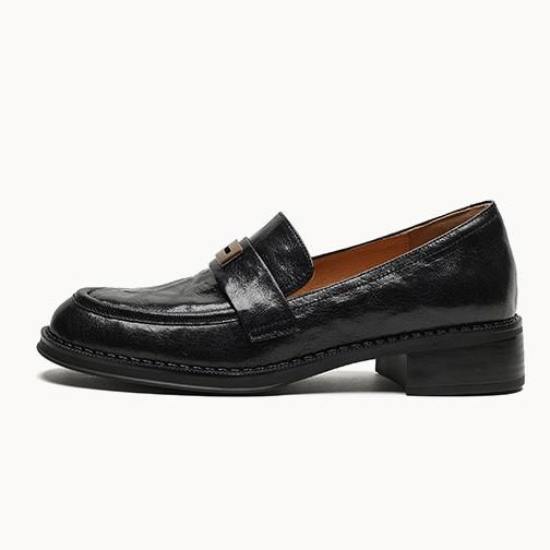 Leather Round Head Metal Buckle Summer New Black Middle Heel Platform 2025 Spring and Autumn Loafu Small Leather Shoes Women's Retro Trend