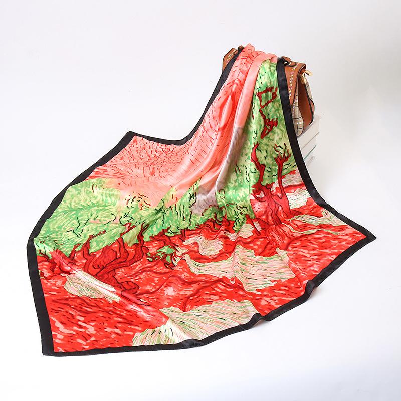 New Painting Style Female Luxury Square Scarf for Women Silk Satin Shawl Hijab Casual Soft Wrap Hair Band Ribbon Headband Turban
