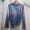 Women Loose Fit T-shirt Round Neck Long Sleeve Sparkling Reflective T-shirt Sequin Embellished Pullover Tops
