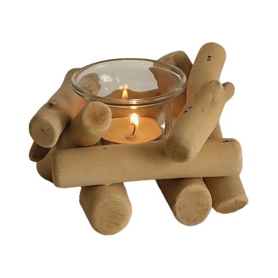 Matte Finish Wood Candle Holder Wooden Glass Holder, Rustic Driftwood Ornament, Farmhouse Natural Branch Tabletop Decor for Living Room Bedroom Office