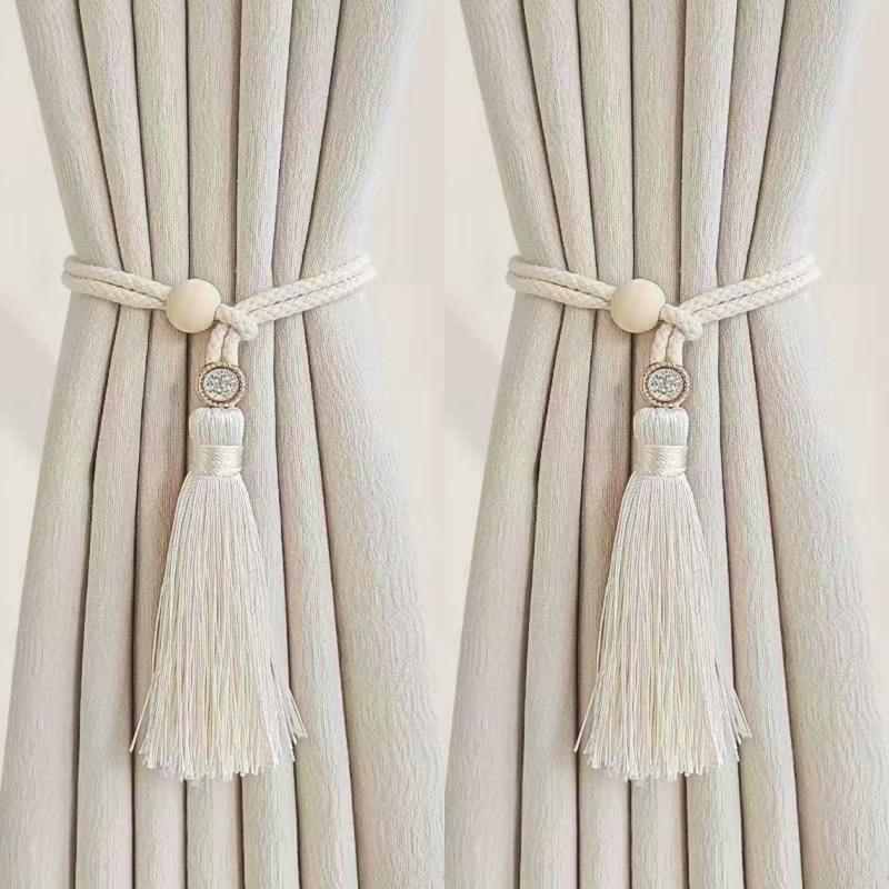 2 Piezas Chic Bohemio Cordón de Algodón Ajustable Cortina Amarre Borla - Tejido a Mano, Correa Hebilla de Cortina con Anilla de Madera