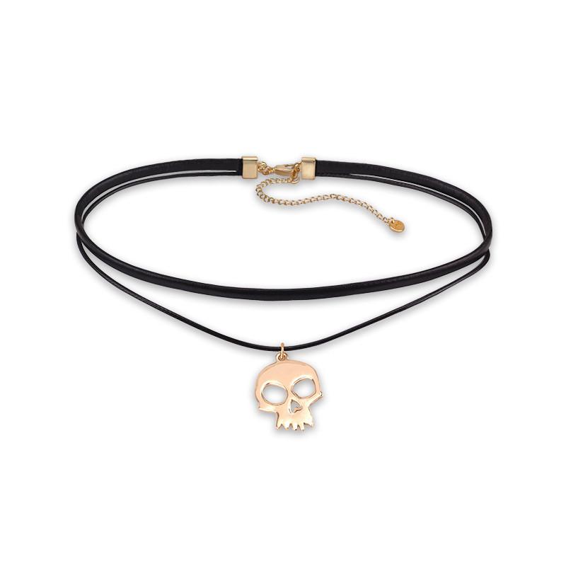 Versatile Dual Layer Skull Choker Necklace Unisex Stylish Black Cord Alloy Pendant For Neck