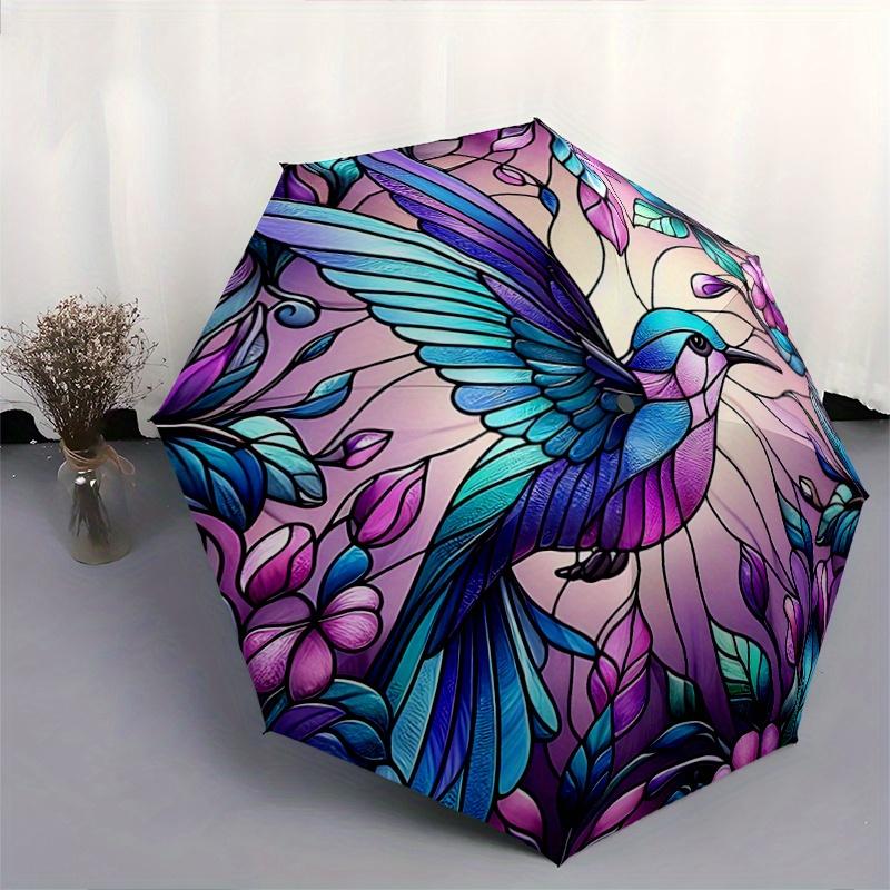 1pc Stained Glass Hummingbird Pattern Pattern Automatic 3-Fold Umbrella, 8 Iron Frames, High-Value Folding Umbrella, Suitable for Office, Travel