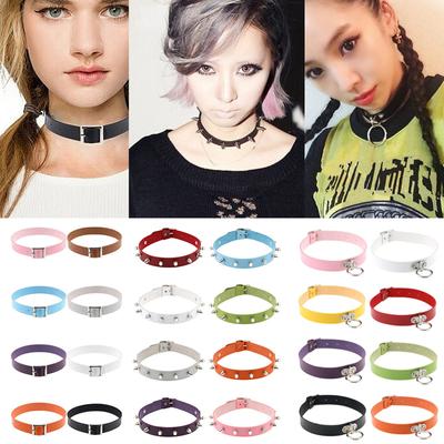 Punk Leather Choker Necklace O Ring /Spike Gothic Clavicle Collar Choker for Women Men Adjustable Rock Belt Trendy Chain Necklace Cosplayer Costume