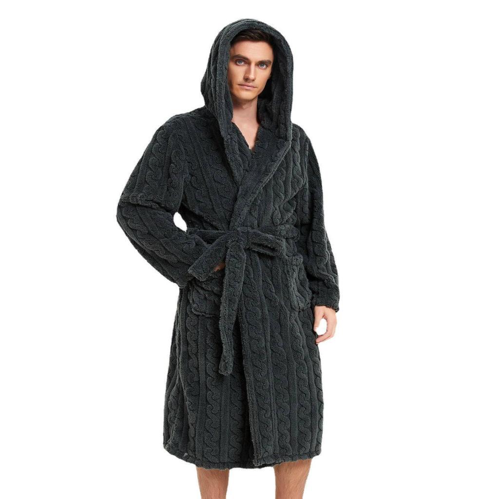Large Cotton Velvet Jacquard Hooded Men's Nightgown - European & American Style, Thickened for Autumn/Winter, Unisex.