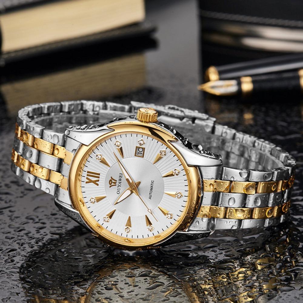 OUYAVEI Herren Automatische Mechanische Uhr Kalender Diamant-Inlay Leuchtend Edelstahl Business Armbanduhr