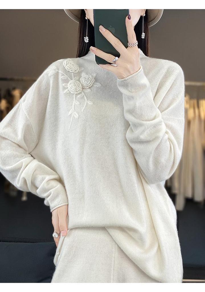 Women's Casual Rolled Hem Wool Sweater, Half-High Collar Loose Fit, Solid Color Base Layer for Autumn & Winter