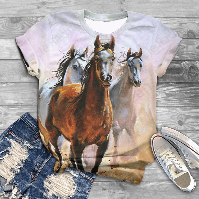 New Women T-Shirts Horse 3D Print Women's Round Neck Short Sleeve T Shirt Animal Graphic Tees Harajuku Y2K Tops Female Clothing